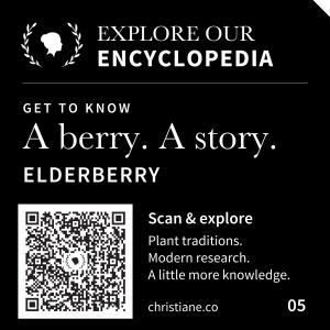 Black Christiane Encyclopedia card titled A berry. A story. Elderberry, with a scannable code.