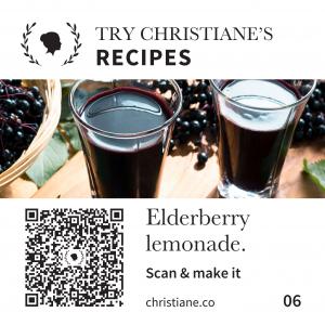 Christiane Recipes card showing two glasses of elderberry lemonade and a scannable recipe code.