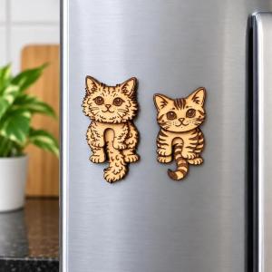 Set of 2 wooden cat fridge magnets with engraved cartoon kitten designs