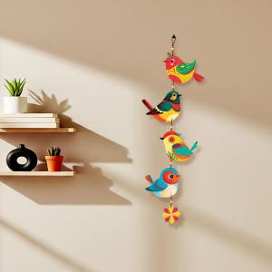 Colorful bird wall hanging with four painted birds in red, yellow, green, and blue, connected vertically with beads and finished with a flower ornament at the bottom.