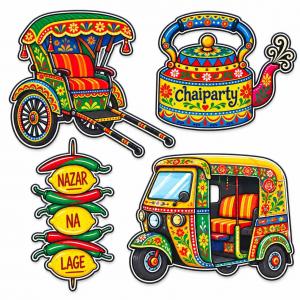 et of four colorful Indian-themed fridge magnets featuring a decorated cycle rickshaw, a tea kettle labeled “Chaiparty,” a green and yellow auto rickshaw, and a red and green chili charm with “Nazar Na Lage” text on a white background.