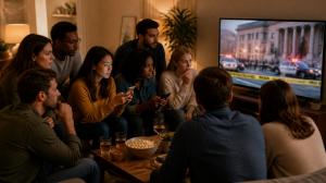 Players participating in a host-free Automated Murder Mystery Game® using a shared screen