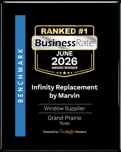 BusinessRate 2026 award recognizing Infinity Replacement by Marvin Dallas-Fort Worth as the #1 Window Supplier in Grand Prairie, Texas.