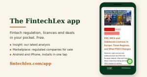 FintechLex app on a smartphone showing an article on EMI, MiCA and stablecoin licences in Europe