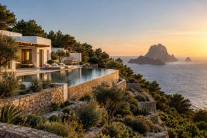 A whitewashed Ibizan villa with an infinity pool above the sea, Es Vedrà on the horizon.
