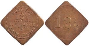 Circa-1909-1915 token for the Springer & Bangs saloon, the only known token from Seven Troughs, Nevada, a collector favorite. Obverse: “Good For /12 ½ Cents / T.E. Bangs / Seven Troughs.” Estimate: $2,000-$3,000.