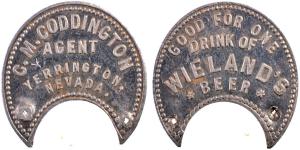 Nevada trade token for C. M. Coddington, who had a beverage business in Yerington, Nevada after moving there from Utah. This rare Western beer token has an estimate of $300-$500.