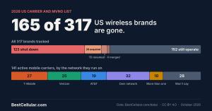 Chart: 165 of 317 US wireless brands are gone (123 shut down, 28 acquired, 10 renamed, 4 merged; 152 still operate). Active mobile carriers by network: T-Mobile 27, Verizon 25, AT&T 19, own network 32, more than one 10, not published 28.