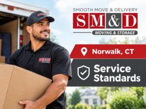 Professional mover carrying a cardboard box during a residential move.