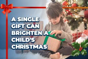 Child opening a Christmas gift next to the words A Single Gift Can Brighten a Child’s Christmas