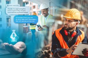A subcontractor ponders over the decision he has to make, he looks over to the left as he imagines what choosing a loan might be like vs an early pay option.