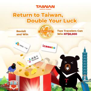 Promotional graphic for Taiwan Tourism Administration’s “Return to Taiwan, Double Your Luck” campaign, featuring Taiwan’s black bear mascot, a gift box filled with gold coins and electronic transit cards, Taipei 101, and colorful Taiwanese landmarks. The