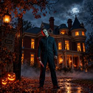 Michael Myers stands in front of a Haunted Mansion McInteer Villa on Halloween