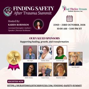 Finding Safety After Trauma Summit sponsor graphic featuring Aly Angel, Tammy Aston, Robin Stokes, Andi Buerger, Susan Ernst, Maurine Xavier, and Kat Mitchell.