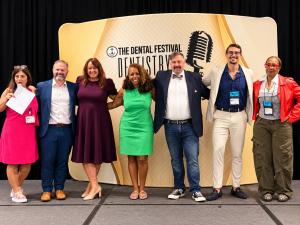 Dr. Devinn Geeson with six Dentistry's Got Talent 2026 finalists, including Dr. Cole Herzik and Dr. Catrise Austin, in Miami
