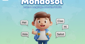 Mondosol language learning app campaign banner with multilingual greetings mascot