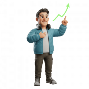 Mondosol 3D mascot with headphones pointing upward at growth arrow for language learning app