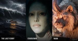 Three AI-generated stills side by side: a ferry in a storm under a giant wave, a pale deep-sea woman with gill slits on her neck, and a horned lion-like beast.