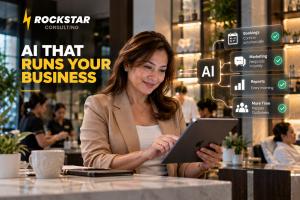 Business owner using a tablet in a spa as Rockstar Consulting AI automates bookings, marketing responses and daily reports.