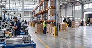 Manufacturing facility and warehouse representing integrated ERP workflows for production, inventory, and distribution.