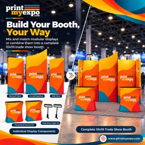 PrintMyExpo modular display components and assembled 10x10 booth.