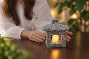 Makabe Stone Zen Light, a small granite lantern with a rounded cap and four openings, displayed on a table.