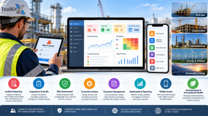 HSE software infographic featuring incident reporting, risk assessment, safety audits, and mobile safety management.