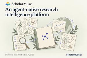 ScholarMuse logo and scholarmuse.ai beside connected illustrations of literature, reference verification, research data and scientific figures.