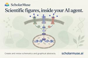 ScholarMuse logo and scholarmuse.ai with a conceptual cell-signaling diagram representing scientific illustration tools.