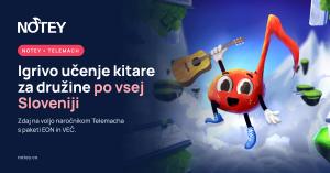 Notey, maskota v obliki note s kitaro, in napis Igrivo učenje kitare za družine po vsej Sloveniji