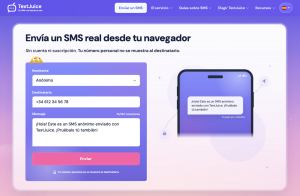 Formulario de TextJuice para enviar un SMS anónimo, con número del destinatario, campo de mensaje y vista previa en un teléfono.