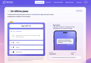 Página de pago de TextJuice con los métodos de pago disponibles, el importe total y la vista previa del SMS.