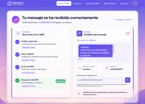 Página de seguimiento de TextJuice con el pago confirmado, las etapas de envío y el estado del SMS entregado.
