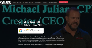 A.L.IV.E. Active Shooter Survival Training home page with a video snapshot of the creator, Michael D. Julian, teaching.