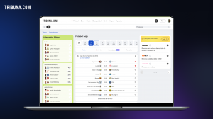 Laptop showing the Tribuna.com match center in Portuguese, with a list of UEFA Champions League fixtures in the center and top scorers, expected goals and assists leaders from the top five European leagues on the left