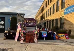 A photo of a truck decorated like Willy Wonka's Chocolate Factory at the 2025 West Ridge CenterTrunk or Treat.
