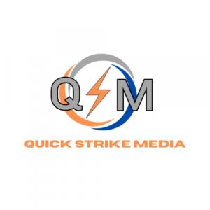 Quick Strike Media logo featuring the letters Q and M with an orange lightning bolt, encircled by gray, blue and orange arcs above the words “Quick Strike Media.