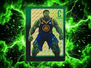 Trading card artwork of Stephen Curry as a muscular green superhero in a navy jersey, set against a background of green lightning.