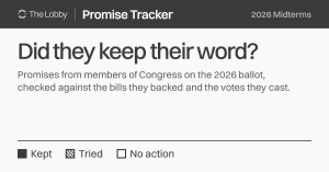 A preview card for The Lobby promise tracker. Did they keep their word? Promises from members of congress checked against their activity in office.