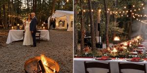 Collage of two photos from a wedding at Forest Springs Resort: a couple standing by a fire pit under string lights, and a long reception table with candles and flowers set among the trees.