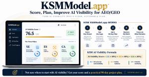 KSMModel.app AI visibility dashboard showing a brand score, gap analysis, 90-day improvement plan, rescoring, and progress tracking for AEO and GEO.