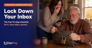 A man chains and padlocks his laptop as his daughter laughs, beside the headline Lock Down Your Inbox and the OptMsg logo
