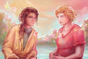 Illustration of Laura Hoge and Clayre Sessoms seated facing one another, surrounded by flowers in pink, gold and aquamarine tones.