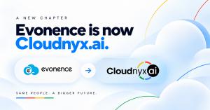 Cloudnyx.ai brand transition announcement showing the Evonence logo transitioning to the Cloudnyx.ai logo, with the headlines “Evonence is now Cloudnyx.ai” and “Same people. A bigger future.” against a blue and white cloud-themed background.