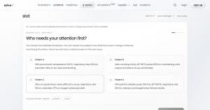 The stat game on iatroX showing four fictional patient cards and the question Who needs your attention first?