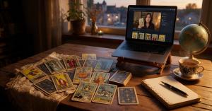 Rider-Waite tarot cards on a wooden desk beside a laptop showing an online tarot lesson and a globe