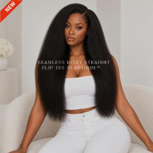 Model wearing ONYC® ClassiQUE™ Kinky Straight Seamless Clip-Ins, showcasing long, voluminous, natural-looking kinky straight hair with a soft blowout finish.