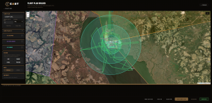 Satellite map of a protected site inside concentric 2, 4 and 6 kilometer range rings, with green red-team drone flight paths crossing land and water.