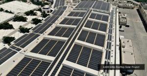 Aerial view of a 4,600 kWp rooftop solar installation in Oman delivered by Hind Bahwan Group