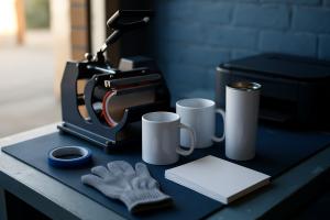 Mug heat press, white sublimation mugs, a coated tumbler, heat tape and gloves on a navy workshop bench